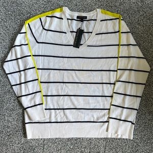 NEW Banana Republic V-neck Sweater - White & Black Striped with Yellow Accent.
